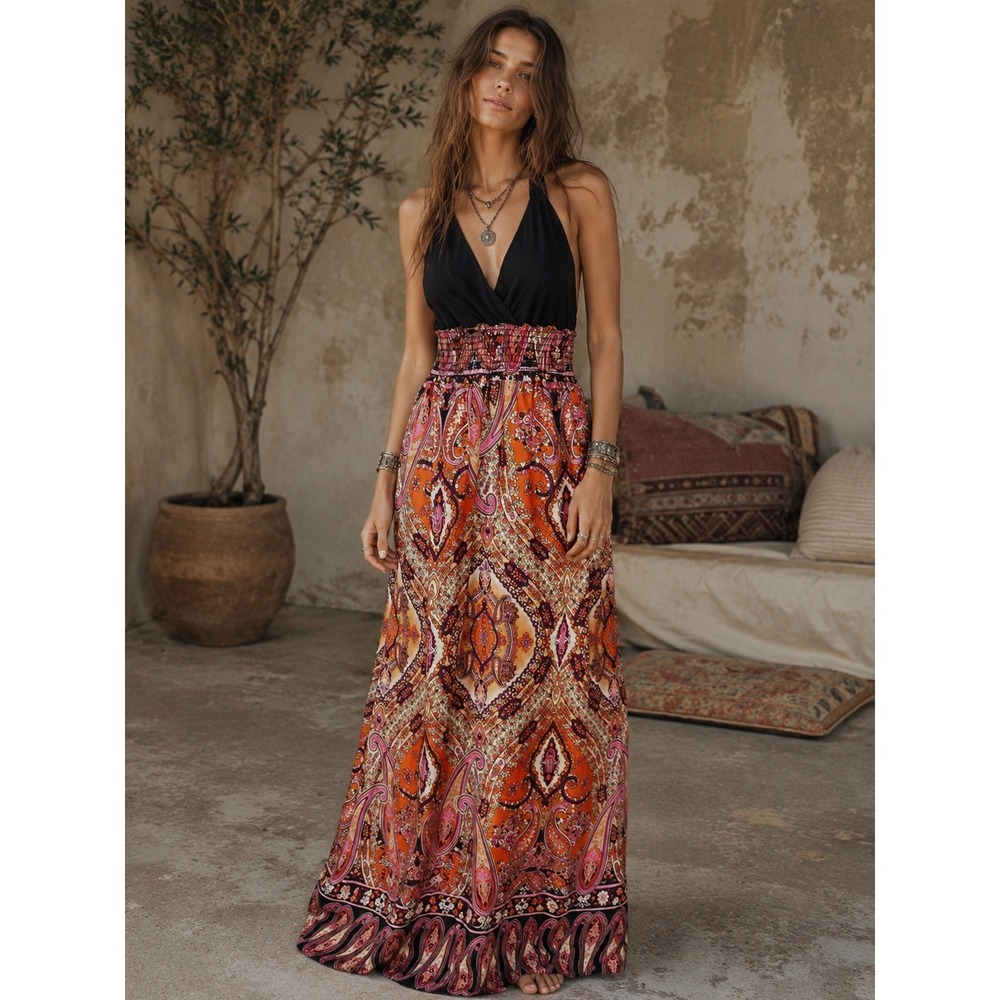 Vintage Y2K Boho Festival Halter Maxi Dress S 70's Paisley Print Hippie